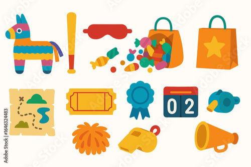 Party and celebration flat icon set: decorations, candy, and fun event icons