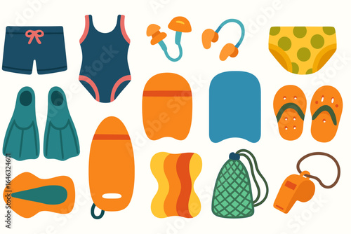 Swimming gear flat icon set. pool, beach accessories collection for summer fun