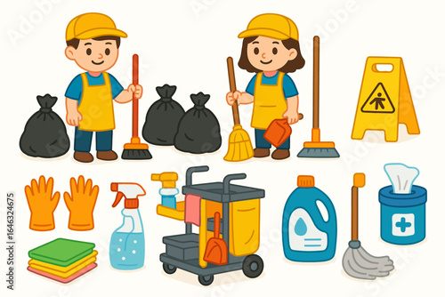 Cleaning tools flat icon set. brooms, mops, gloves, bottles in flat collection
