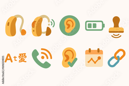 Hearing aid, accessibility flat icon set. audiology, communication icons collection