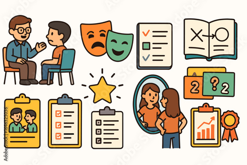 Education and learning flat icon set. student, teacher, classroom, study tools