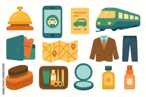 Travel and tourism flat icon set. transportation, accommodation, itinerary icons flat