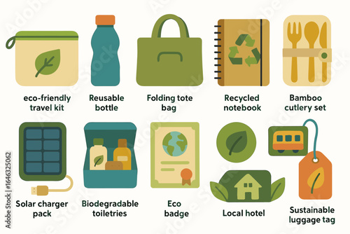 Eco-friendly travel icon set. sustainable, biodegradable symbols in flat style