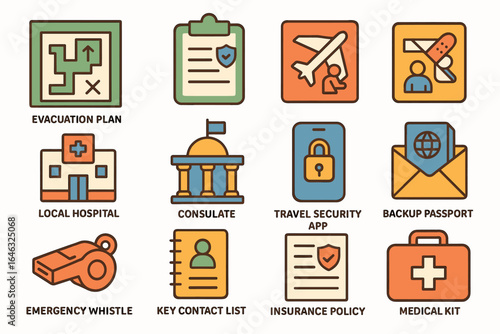 Emergency preparation flat icon set. safety, security planning icons collection