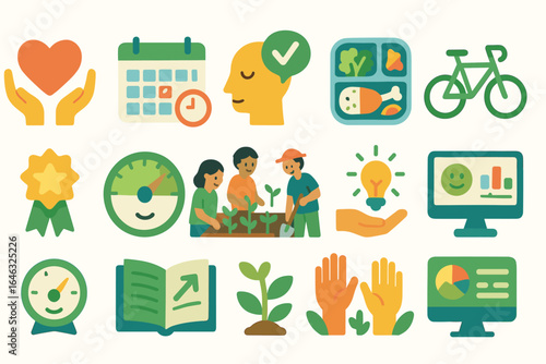 Wellness and health flat icon set. fitness, nutrition, mental balance flat style