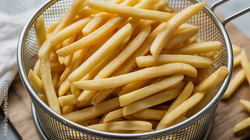 Golden french fries freshly cooked in a metal basket