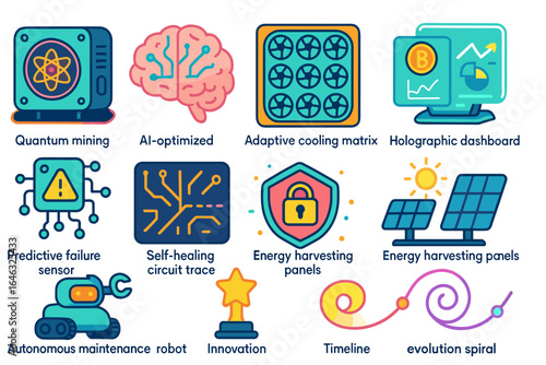 Technology and innovation flat icon set: ai, quantum mining, energy harvesting