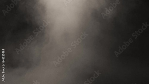 smoke. Scary, dark, smoke-filled horror background with a textured wall. Room is engulfed in darkness, with only faint, flickering light sources casting eerie shadows.