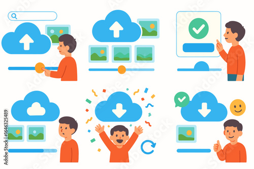 Cloud storage flat icon set. data upload, download, backup icons flat collection