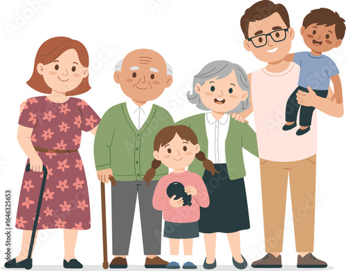 Cartoon multigenerational family portrait, grandparents, parents, children, diverse ages and outfits, standing together, happy expressions, vector illustration for family concept