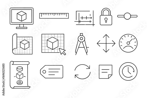 Engineering, drafting, blueprint outline icon set. technical and architectural symbols