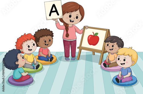 Cartoon teacher showing letter A with apple image, preschool children learning alphabet, early literacy classroom illustration for education themes
