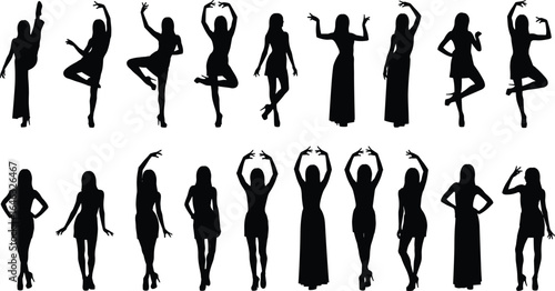 Female silhouette poses, elegant dance stances, graceful movement, black figure art, ballet inspiration, body posture, artistic gesture, white background