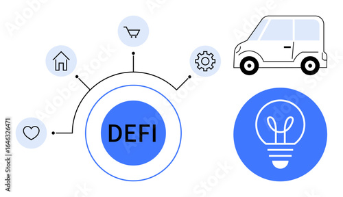 Decentralized finance concept with central hub connecting home, shopping cart, gear, heart, and idea icons. Modern car and lightbulb emphasize technology, mobility, and innovation. Ideal for fintech