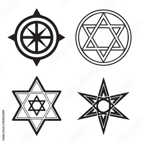 Four sacred symbols isolated on white background, including the star of david, a compass rose, and other geometric shapes, representing various spiritual and religious traditions and concepts