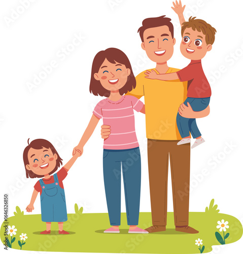 Happy cartoon family of four standing on grassy field with flowers, parents and children smiling outdoors, vector illustration scene