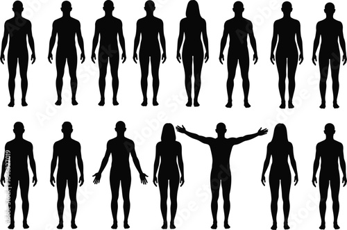 Human silhouette set, diverse body shapes, male and female figures, standing poses, posture collection, black vector design, anatomy reference
