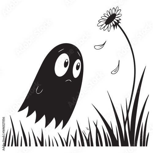 Illustration of a sad ghost standing in grass next to a dandelion with petals blowing away, isolated on white background, conveying loneliness and melancholy in a whimsical style