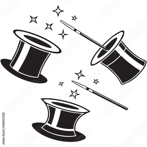 Illustration of magic hats and wands with stars isolated on white background, representing illusion, entertainment, and the wonder of magic shows and performances