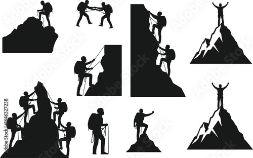 Rock climbing silhouette set, teamwork and solo climbers, mountain summit pose, rope gear action, outdoor adventure, vector illustration