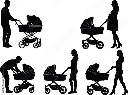 Parent pushing stroller, baby carriage silhouette set, walking and standing poses, childcare vector, family activity, black figure art