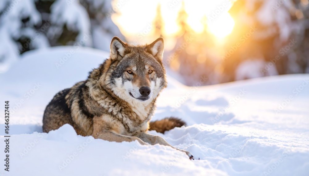 Fototapeta premium Wolf resting in snowy landscape