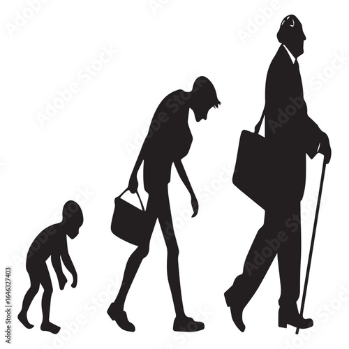 Silhouette illustration depicting the aging process of a human being, showcasing the different stages of life from childhood to adulthood and senior years, isolated on white background