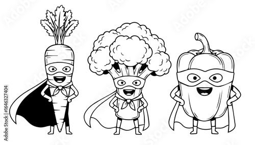 Black and White Superhero Vegetables Vector Characters

