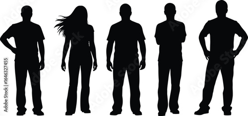 Set of five diverse human silhouettes in casual standing poses with varied postures and gestures, isolated on white background