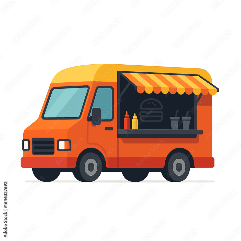 Orange Food Truck with Awning Ready to Serve Burgers and Drinks Orange Food Truck with Awning Ready to Serve Burgers and Drinks