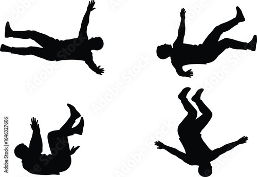 Set of four human silhouettes in dynamic falling poses, capturing motion, imbalance, and dramatic action, isolated on white background