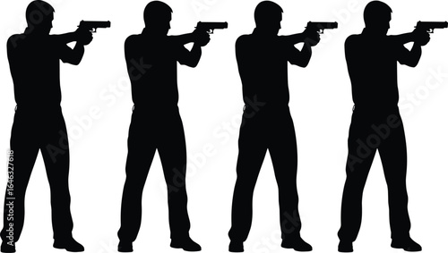 Set of four identical shooter silhouettes in forward handgun stance, showcasing firearm posture and safety technique, isolated on white background