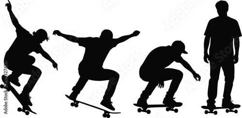 Set of four skateboarder silhouettes in dynamic trick poses and standing stance, showcasing motion and balance, isolated on white background