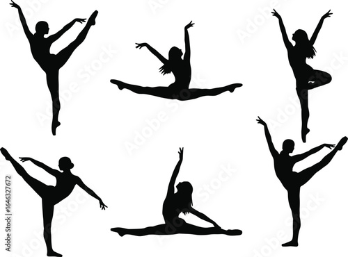 Set of six black ballet dancer silhouettes in elegant poses, showcasing classical movements and flexibility, isolated on white background