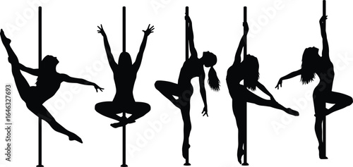 Set of five pole dancer silhouettes in dynamic poses, showcasing strength, flexibility, and elegance, isolated on white background