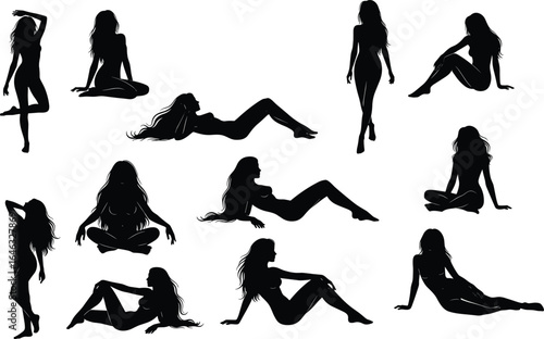 Set of twelve female silhouettes in diverse poses, standing, sitting, lying down, expressive body positions, black vector illustration collection
