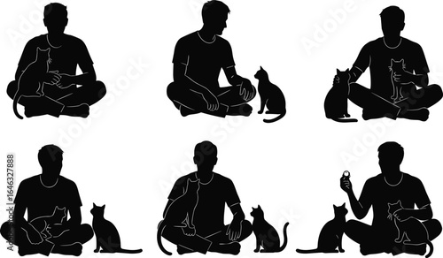 Silhouette of man sitting with cats, playing, petting, feeding, bonding, vector illustration, animal lover, domestic pet care, black white design