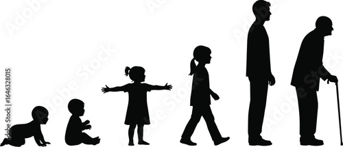 Silhouettes depicting six stages of human life from crawling baby to elderly adult with cane, isolated on white background