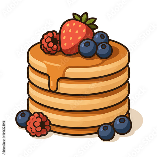 Stack of Golden Pancakes Drizzled with Syrup and Topped with Fresh Berries