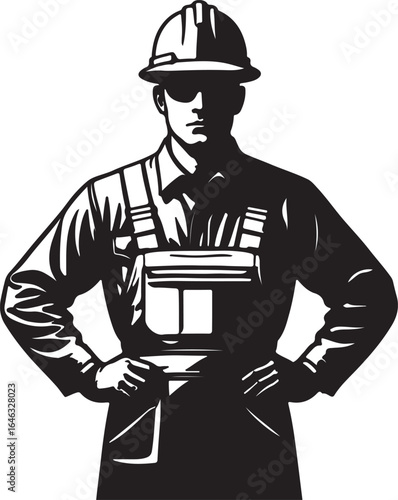 Black and white illustration of a construction worker with hard hat and overalls builder laborer