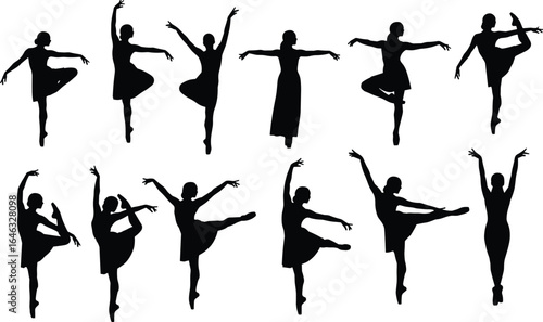 Silhouettes of ballet dancers in elegant poses, classical dance movements and postures, isolated on white background for artistic reference