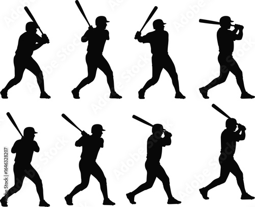 Silhouettes of baseball player swinging bat in eight stages, showing full batting motion from stance to follow-through on white background