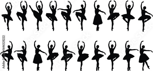 Silhouettes of ballet dancers in various poses and costumes, elegant movements, classical dance positions, vector illustration set