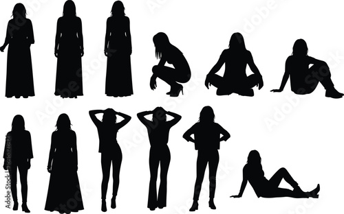 Silhouettes of diverse people in standing, sitting, and reclining poses, various outfits and postures, isolated on white background illustration