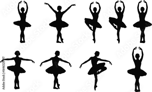 Silhouettes of eight ballet dancers in classical poses wearing tutus, graceful movements and elegant posture, isolated on white background