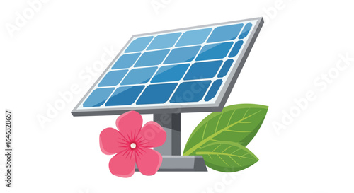 Solar Panel with Flower and Leaves - Clean Energy Concept