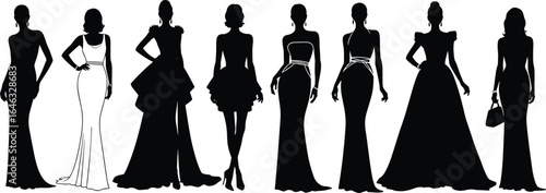 Silhouettes of elegant women in diverse evening gown styles, fashion design reference for formal wear, isolated on white background