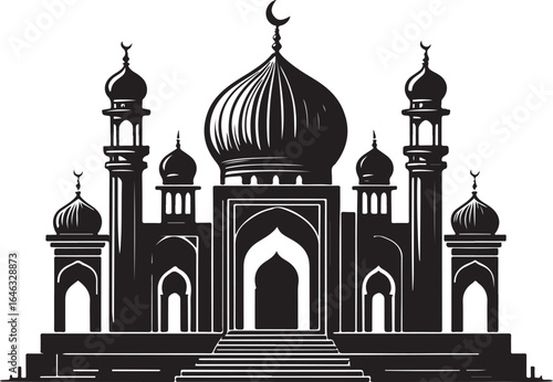 Black silhouette of a mosque with domes and minarets against a white background Islamic architecture 3