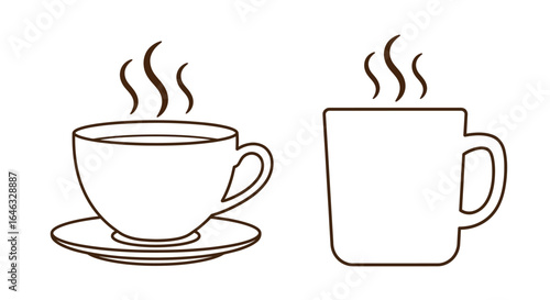 Set of simple line art icons featuring a steaming hot coffee cup on a saucer and a mug. Minimalist vector outline illustration for cafe menus.