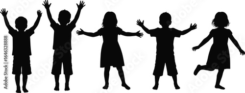 Silhouettes of five playful children in dynamic poses with raised arms, expressing joy, movement, and energy on white background